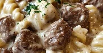 Assiette de rotini au bœuf nappés d’une sauce crémeuse à l’ail et au parmesan, garnie de persil frais, servie chaude dans une ambiance conviviale.