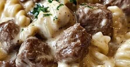 Assiette de rotini au bœuf nappés d’une sauce crémeuse à l’ail et au parmesan, garnie de persil frais, servie chaude dans une ambiance conviviale.