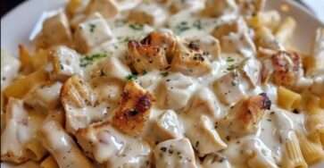 Assiette de pâtes au poulet nappées d’une sauce crémeuse au Boursin, avec morceaux de poulet dorés et persil frais, servie chaude.