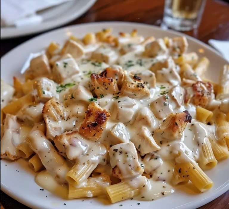 Assiette de pâtes au poulet nappées d’une sauce crémeuse au Boursin, avec morceaux de poulet dorés et persil frais, servie chaude.