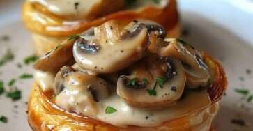 Vol-au-vent poulet croustillant et tendre et champignons dans une sauce crémeuse, décoré de persil frais et servi chaud.