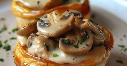 Vol-au-vent poulet croustillant et tendre et champignons dans une sauce crémeuse, décoré de persil frais et servi chaud.