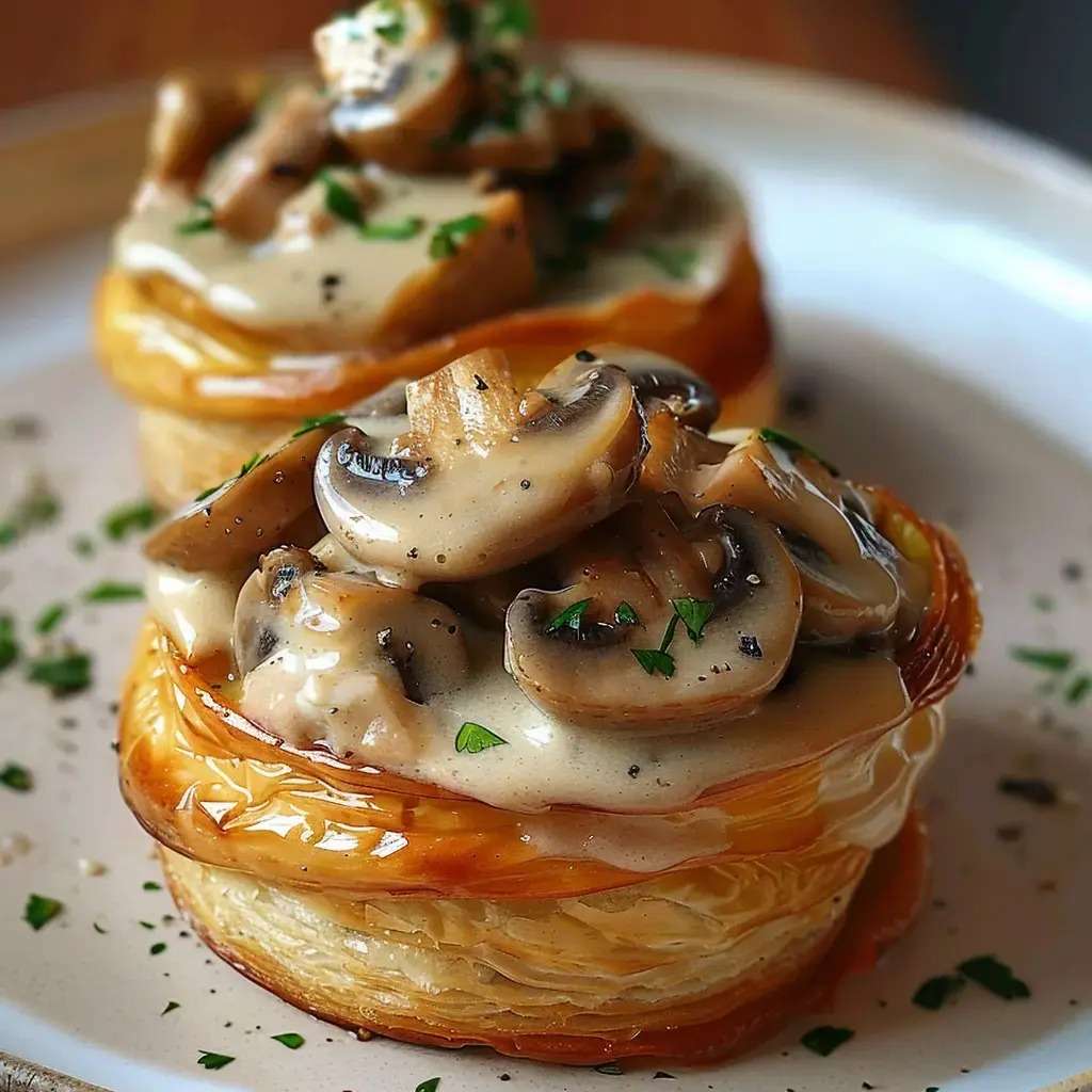 Vol-au-vent poulet croustillant et tendre et champignons dans une sauce crémeuse, décoré de persil frais et servi chaud.