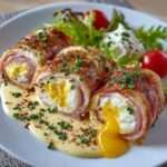 Rouleaux de jambon garnis d’œufs mimosa crémeux, décorés de ciboulette et paprika, présentés en assiette pour une entrée fraîche.