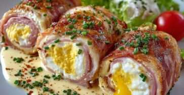 Rouleaux de jambon garnis d’œufs mimosa crémeux, décorés de ciboulette et paprika, présentés en assiette pour une entrée fraîche.