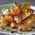 Cigares croustillants aux crevettes et ail dorés à la poêle, servis chauds avec sauce, herbes fraîches et texture bien croustillante.