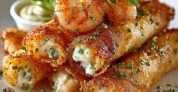 Cigares croustillants aux crevettes et ail dorés à la poêle, servis chauds avec sauce, herbes fraîches et texture bien croustillante.