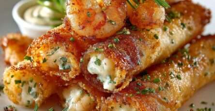 Cigares croustillants aux crevettes et ail dorés à la poêle, servis chauds avec sauce, herbes fraîches et texture bien croustillante.