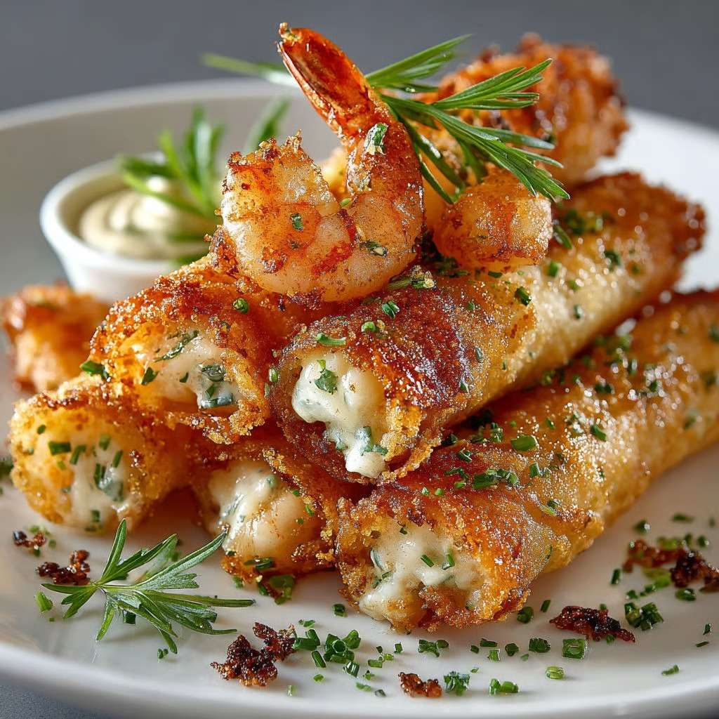 Cigares croustillants aux crevettes et ail dorés à la poêle, servis chauds avec sauce, herbes fraîches et texture bien croustillante.