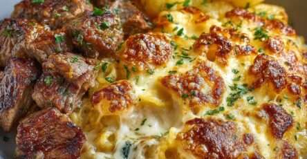 Gratin de coquillettes au fromage à raclette fondu et bœuf doré, servi chaud avec une texture ultra crémeuse et gratinée.