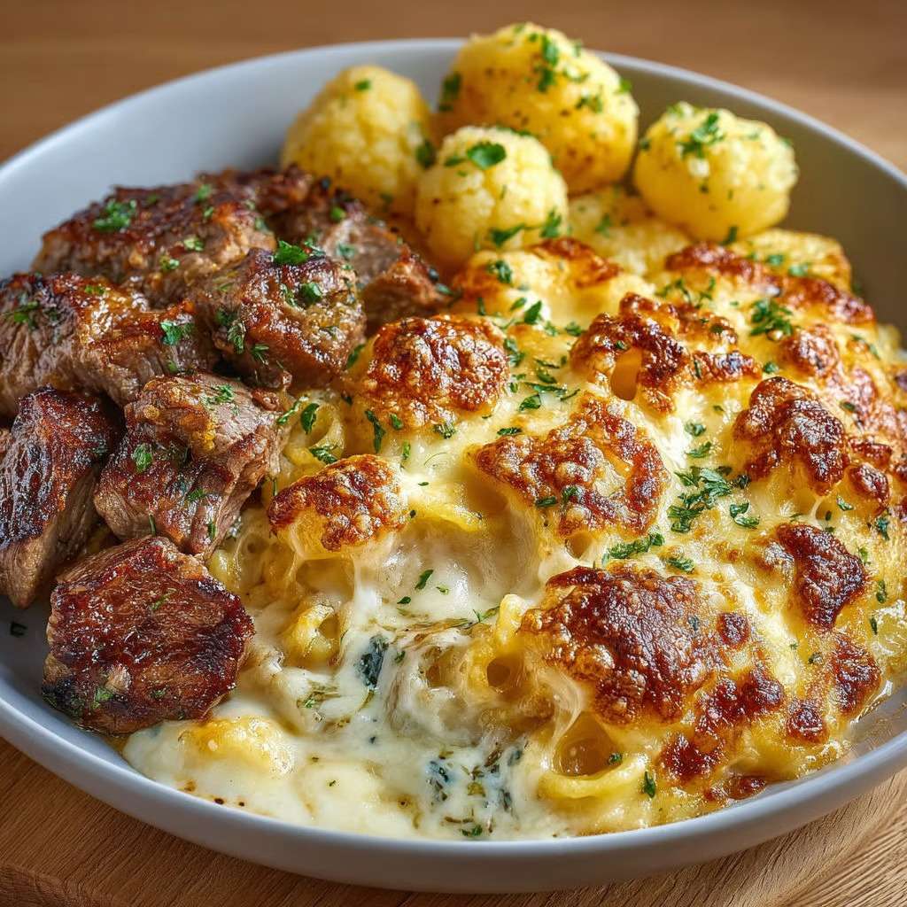 Gratin de coquillettes au fromage à raclette fondu et bœuf doré, servi chaud avec une texture ultra crémeuse et gratinée.