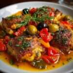 Cuisses de poulet méditerranéen mijotées avec poivrons colorés, olives et sauce tomate aux herbes, servies chaudes dans un plat méditerranéen.