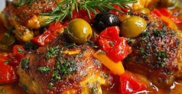 Cuisses de poulet méditerranéen mijotées avec poivrons colorés, olives et sauce tomate aux herbes, servies chaudes dans un plat méditerranéen.