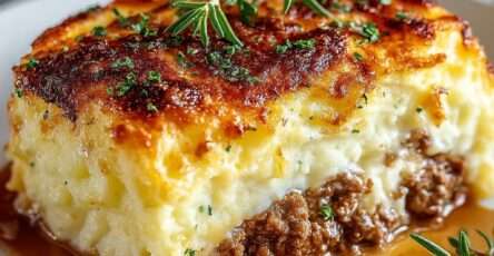 Hachis Parmentier gratiné avec purée de pommes de terre dorée et viande de bœuf mijotée, servi chaud dans un plat familial.