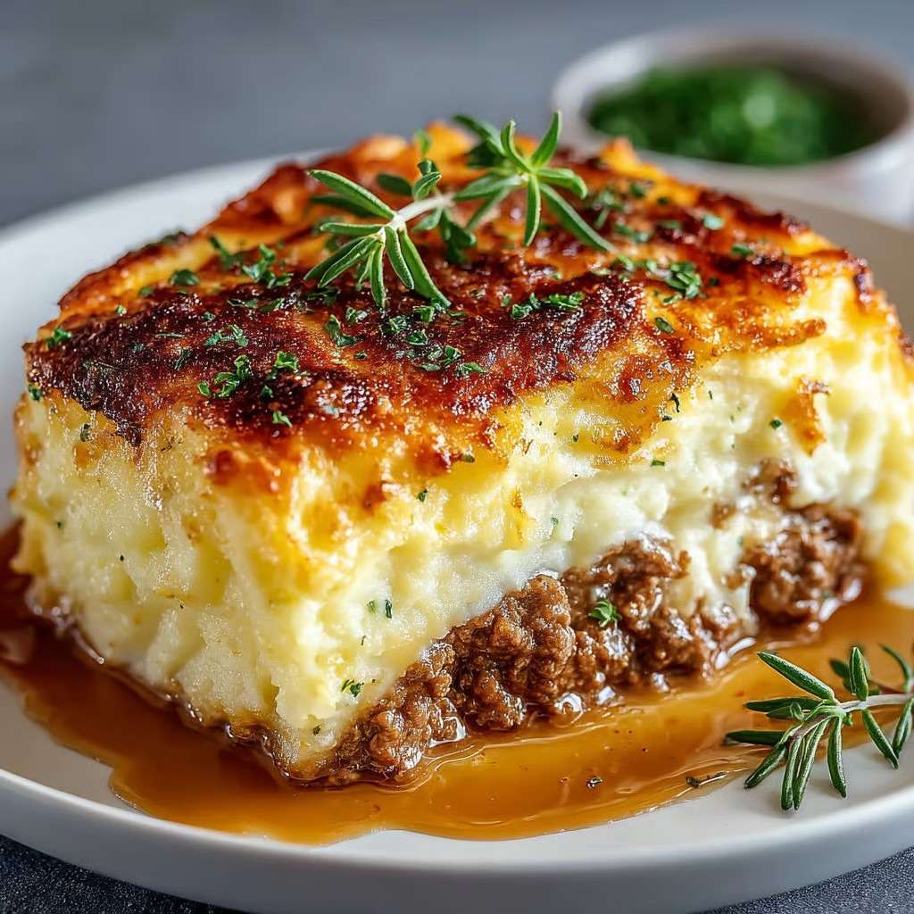 Hachis Parmentier gratiné avec purée de pommes de terre dorée et viande de bœuf mijotée, servi chaud dans un plat familial.