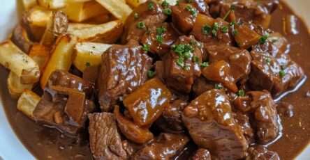 Carbonade flamande au bœuf mijoté dans une sauce brune épaisse avec oignons et bière, servie avec des frites croustillantes.