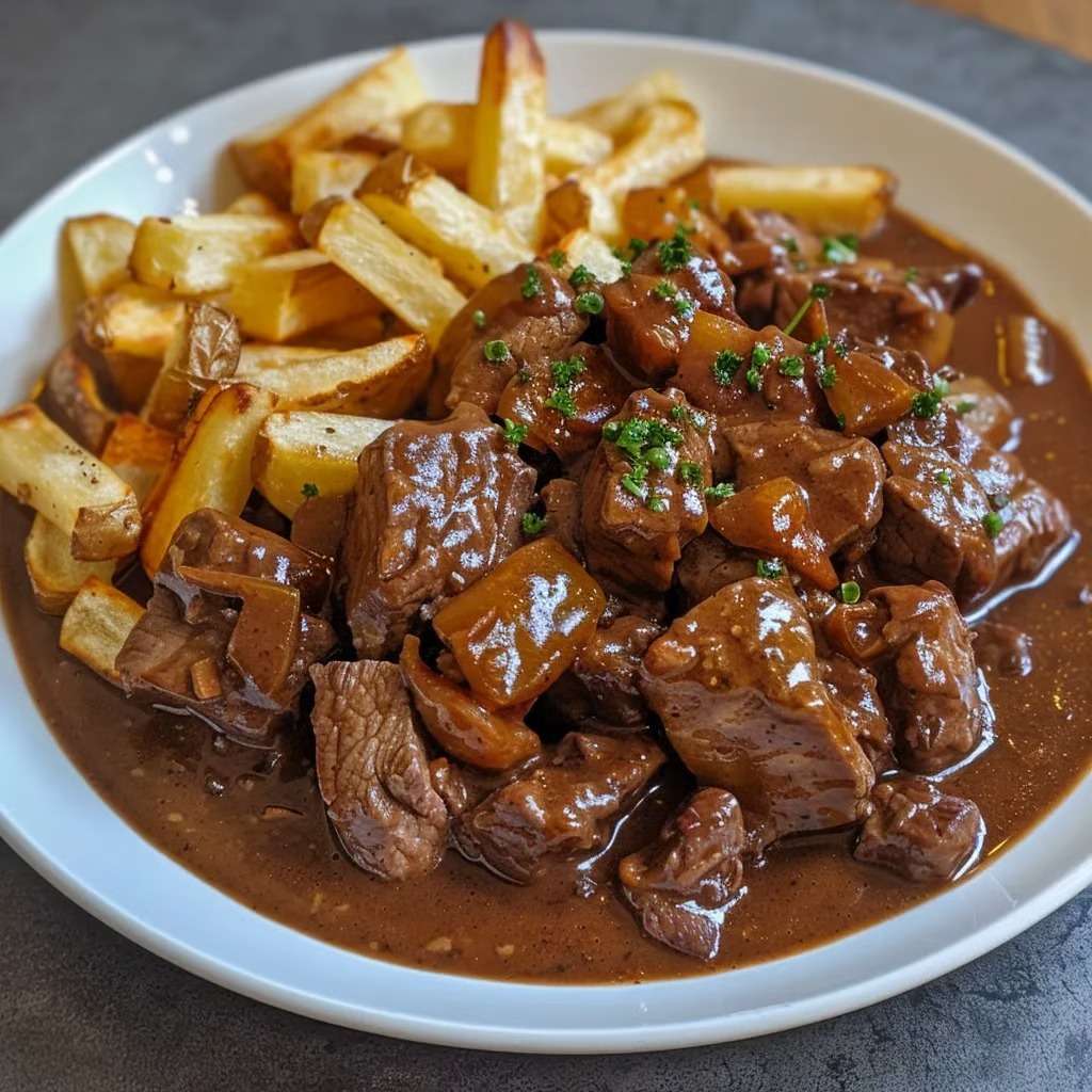 Carbonade flamande au bœuf mijoté dans une sauce brune épaisse avec oignons et bière, servie avec des frites croustillantes.