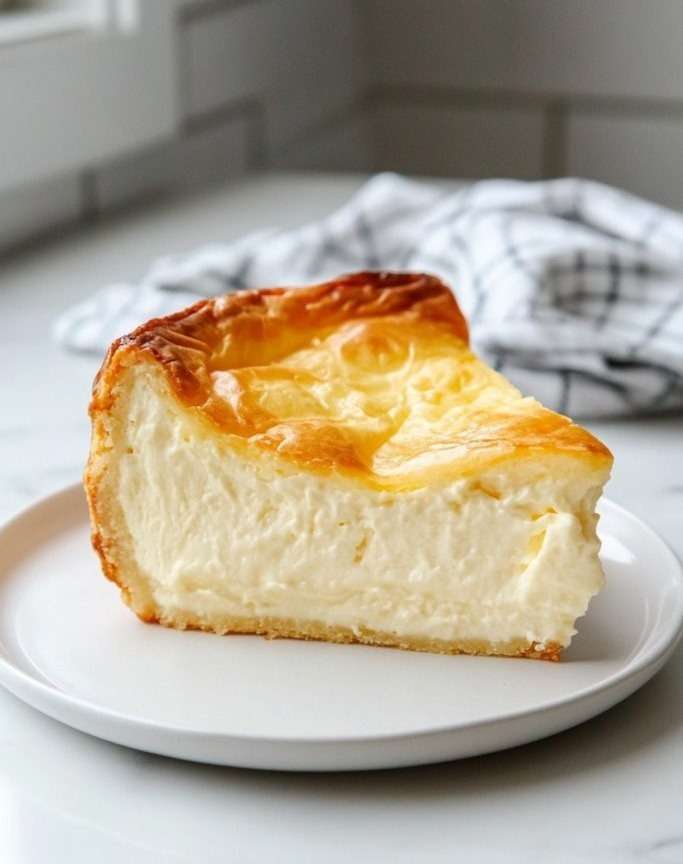 Cheesecake allemand maison au fromage blanc, légèrement doré, fondant et aérien, servi en parts sur un plat avec une texture crémeuse et une touche de citron.