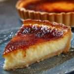 Tarte au flan grand-mère maison avec pâte brisée croustillante, flan vanillé épais, texture fondante et dessus légèrement doré et caramélisé.