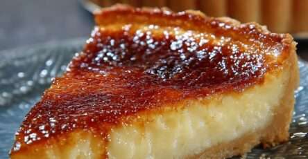 Tarte au flan grand-mère maison avec pâte brisée croustillante, flan vanillé épais, texture fondante et dessus légèrement doré et caramélisé.