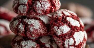 Biscuits crinkles red velvet maison, rouges et craquelés, enrobés de sucre glace, texture moelleuse au centre et légèrement croustillante à l’extérieur.