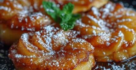 Beignets de pommes maison cuits à la poêle, dorés et moelleux, légèrement caramélisés, servis avec sucre glace et texture fondante.