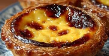 Pastéis de nata maison dorés, pâte feuilletée croustillante et crème onctueuse légèrement caramélisée avec des taches brunes typiques.