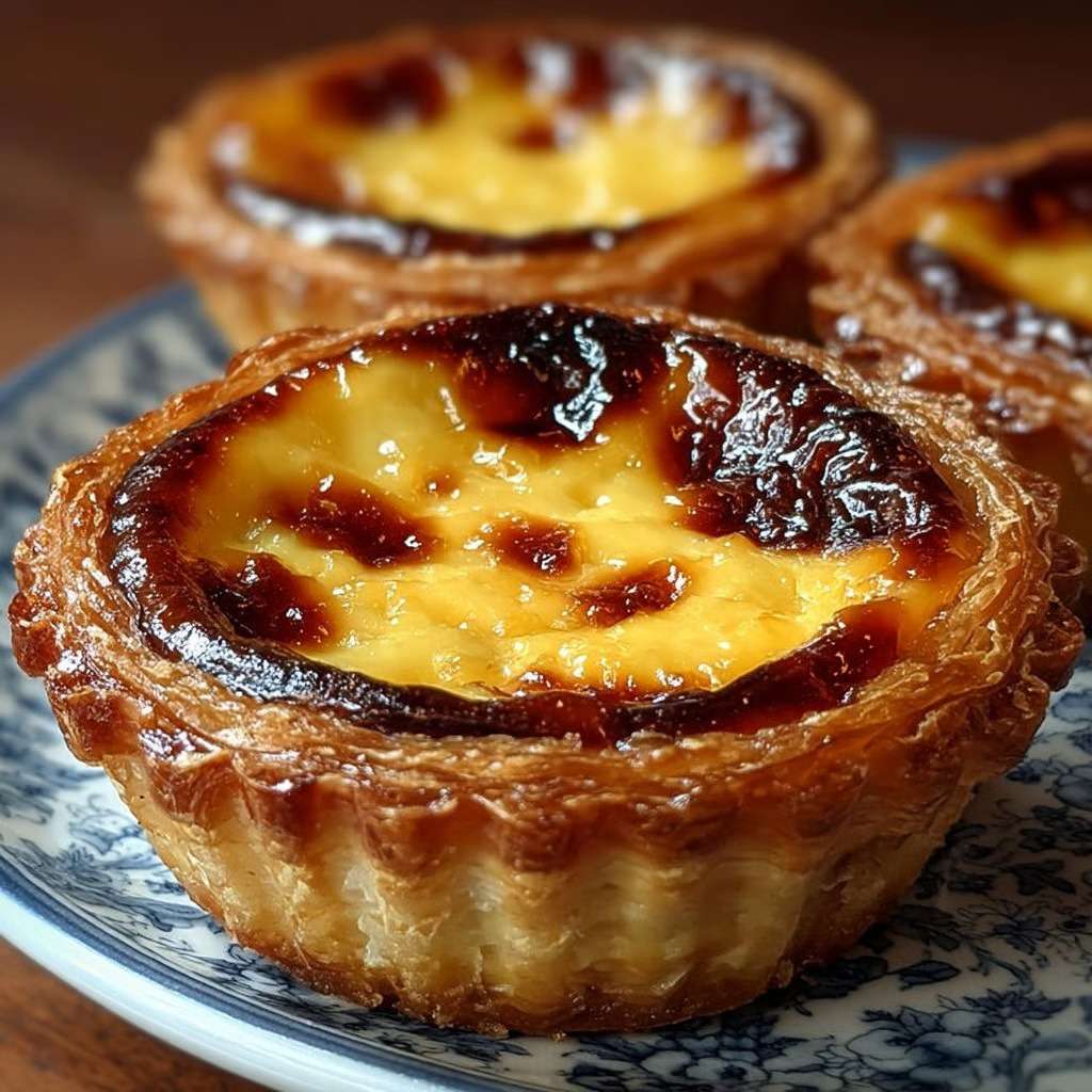 Pastéis de nata maison dorés, pâte feuilletée croustillante et crème onctueuse légèrement caramélisée avec des taches brunes typiques.