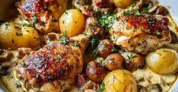 Poulet à la normande mijoté en sauce crémeuse au cidre avec pommes fondantes et champignons, servi chaud dans une cocotte rustique.