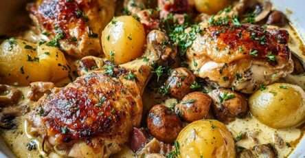 Poulet à la normande mijoté en sauce crémeuse au cidre avec pommes fondantes et champignons, servi chaud dans une cocotte rustique.