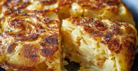 Tortilla espagnole maison dorée, épaisse et moelleuse, garnie de pommes de terre fondantes, coupée en parts façon tapas.