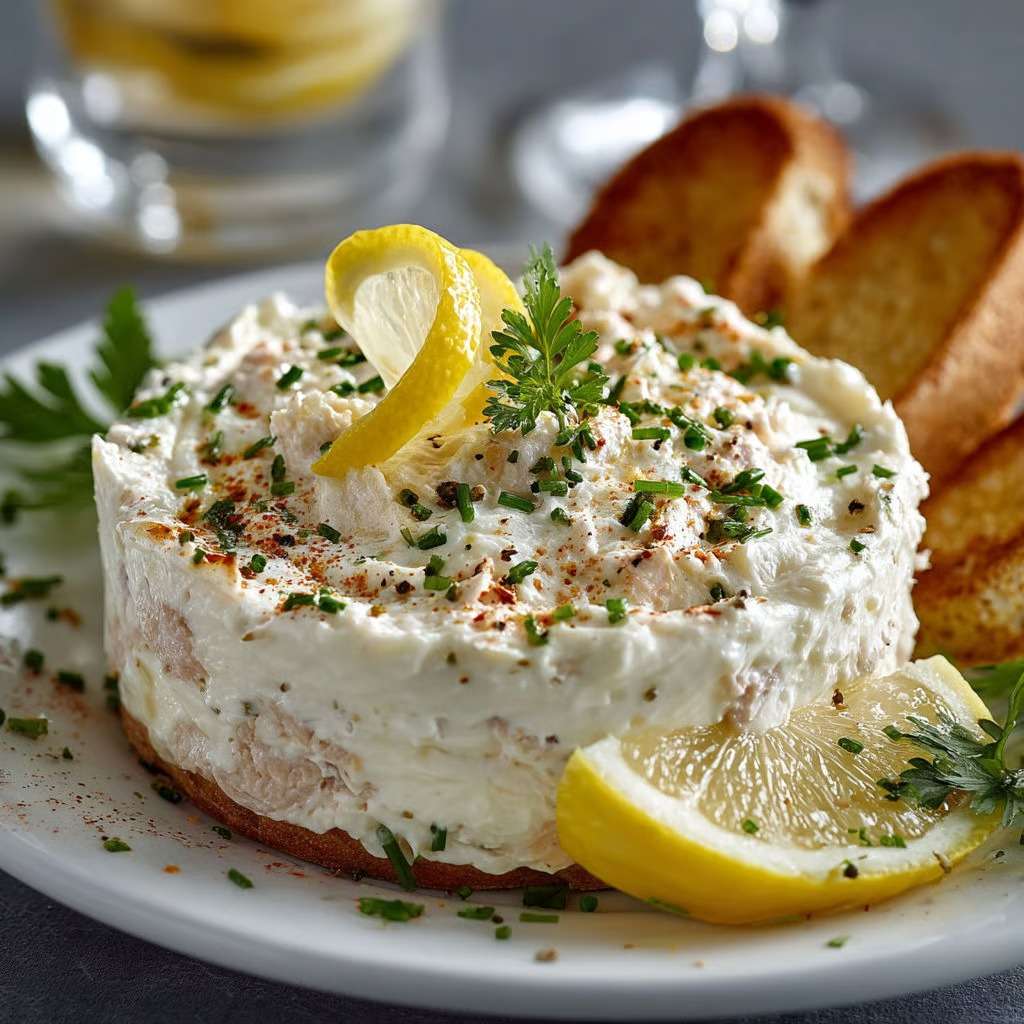 Crème au thon maison crémeuse et citronnée, servie en tartinade avec toasts et herbes fraîches pour un apéritif rapide et gourmand.