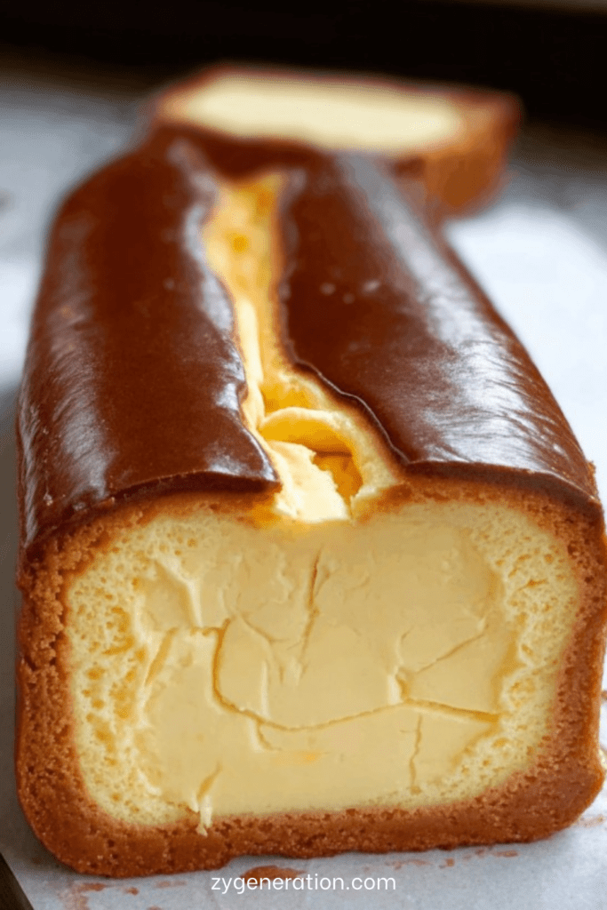 Cheesecake basque crémeux cuit dans un moule à cake, avec surface dorée caramélisée et intérieur fondant, servi en tranches sur une assiette.