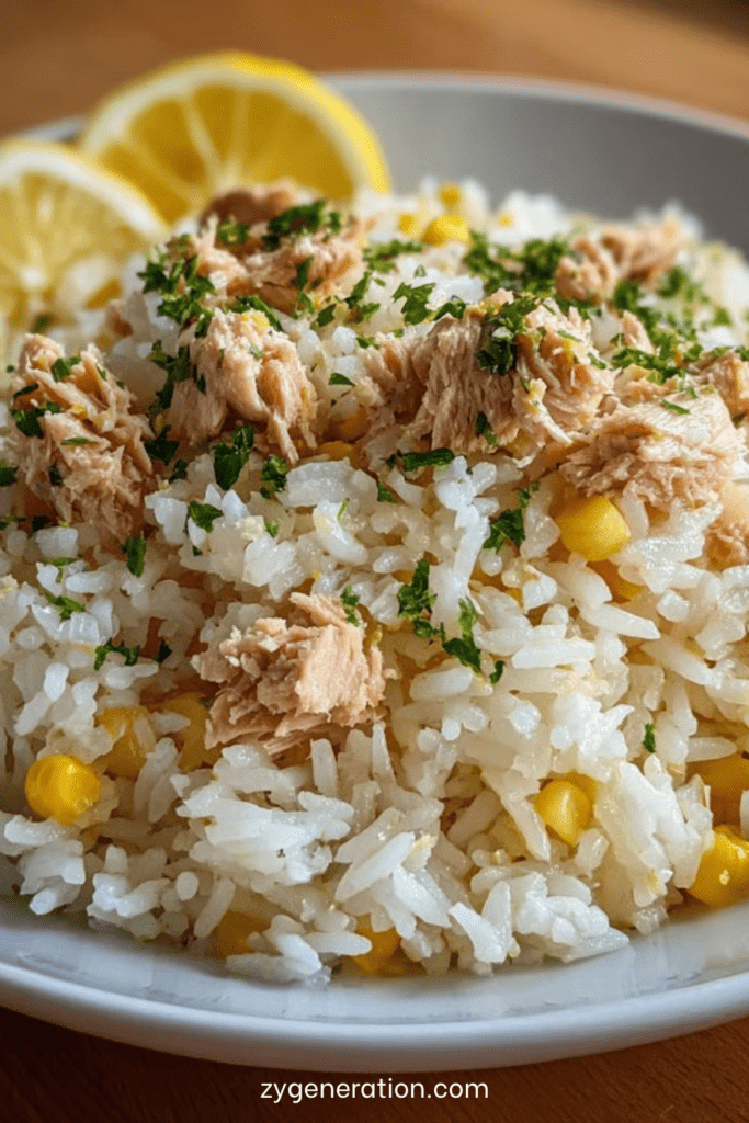 Assiette de riz au thon, maïs et citron avec persil frais ciselé, servie dans un bol clair pour un repas rapide et léger.