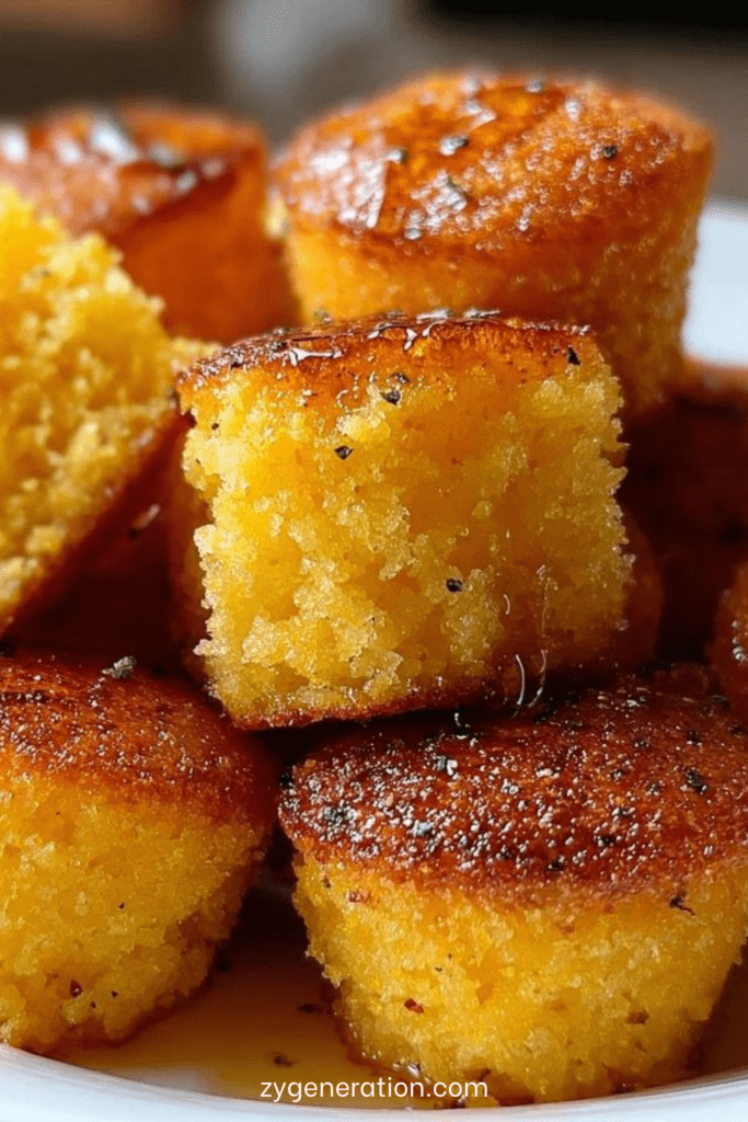 Bouchées de cornbread dorées et moelleuses, servies chaudes avec un nappage brillant au miel et au beurre, dans un moule à mini muffins.
