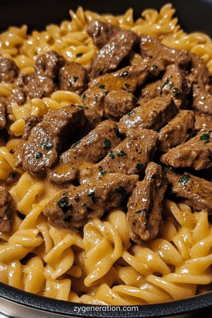 Assiette de pâtes crémeuses au steak, beurre et ail, nappées d’une sauce au parmesan avec morceaux de bœuf tendres et persil frais.