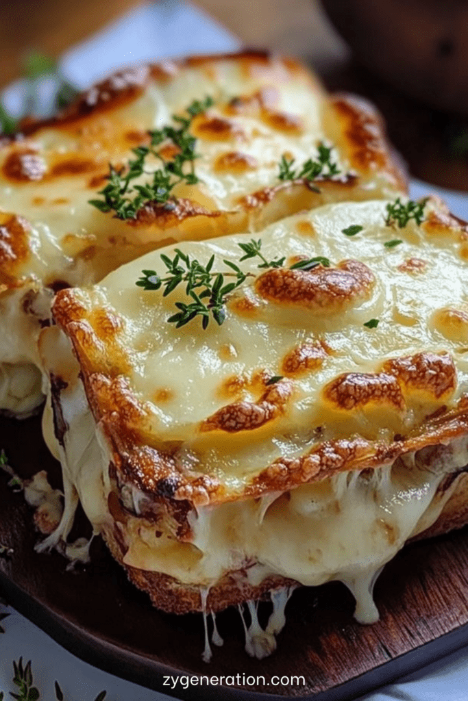 Croque-monsieur montagnard doré au four, garni de jambon, crème fraîche et fromage fondant, servi chaud avec herbes fraîches.