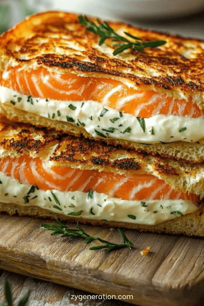 Croque-monsieur au saumon et Boursin doré à la poêle, pain croustillant, crème fondante aux herbes et garniture de saumon servi chaud.