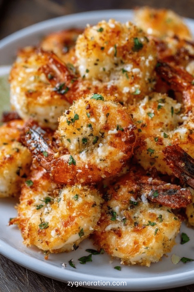 Crevettes croustillantes à l’air fryer enrobées d’ail et de parmesan, dorées et garnies de persil frais avec un filet de citron.