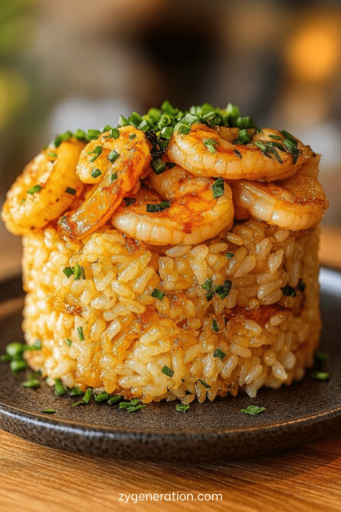Tour de riz crémeux aux crevettes dorées au beurre à l’ail, garnie de ciboulette fraîche et parmesan, dressée en forme de dôme dans une assiette.