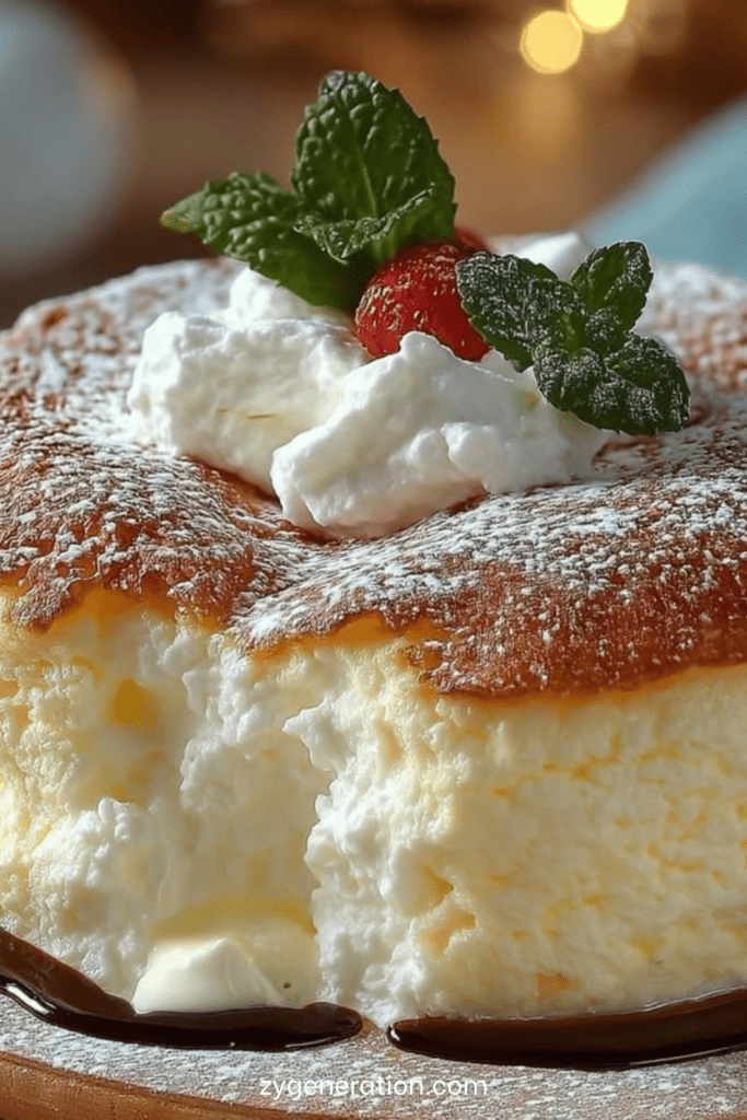 Gâteau nuage au fromage blanc, très aérien et doré, saupoudré de sucre glace, découpé en parts, mie mousseuse visible sur assiette.