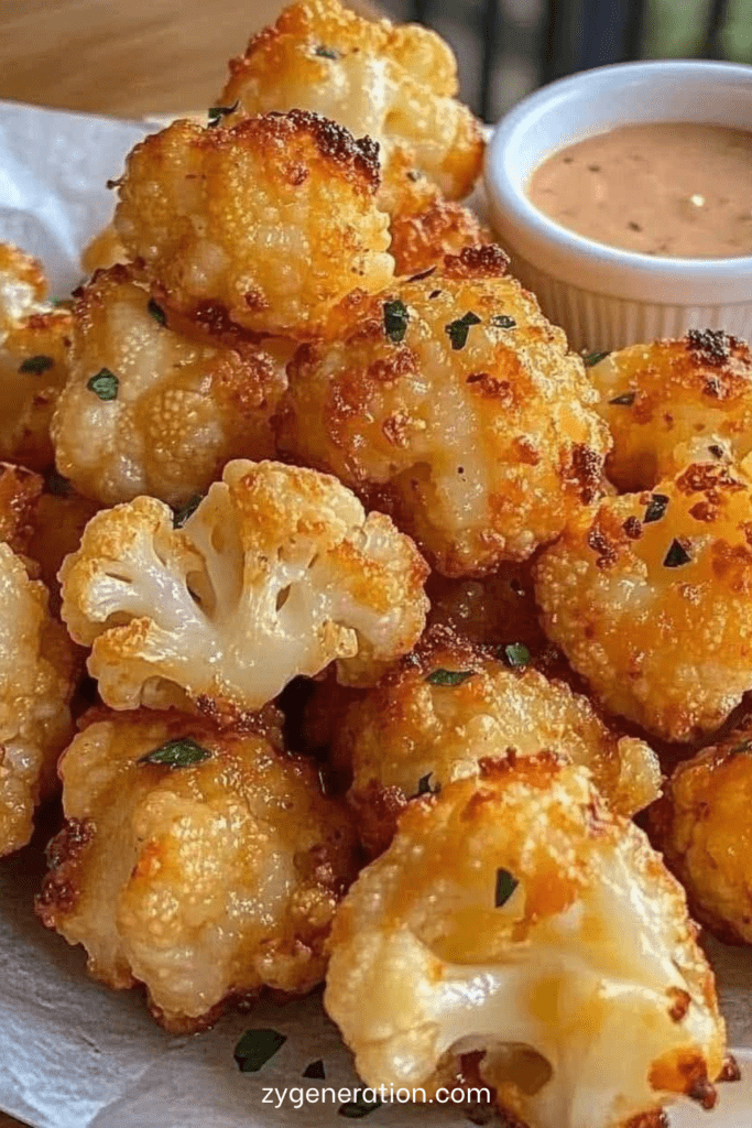 Fleurettes de chou-fleur panées au parmesan et paprika, dorées au four sur plaque, texture croustillante, servies avec sauce crémeuse.