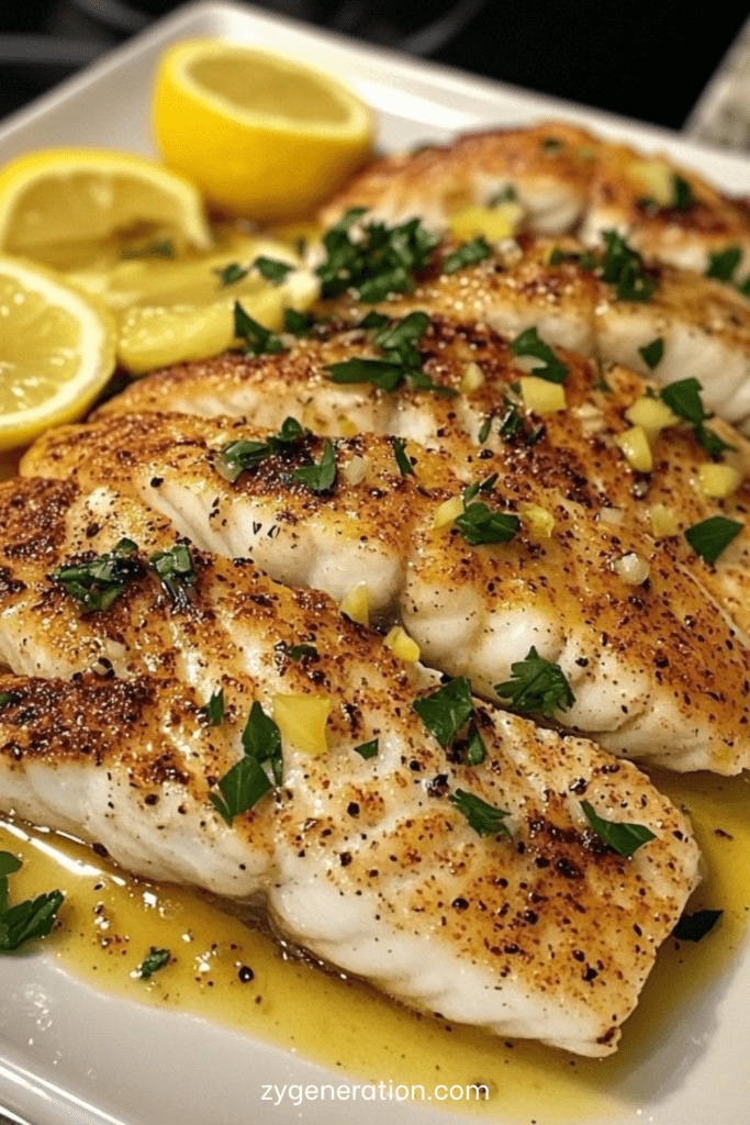 Filets de cabillaud poêlé dorés nappés de sauce citron beurre à l’ail, parsemés de persil, servis avec rondelles de citron.