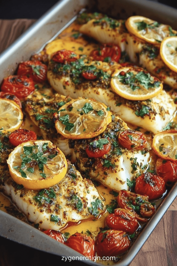 Dos de cabillaud rôti au four avec rondelles de citron, tomates cerises éclatées, ail et herbes, nappé de jus de cuisson, persil frais.