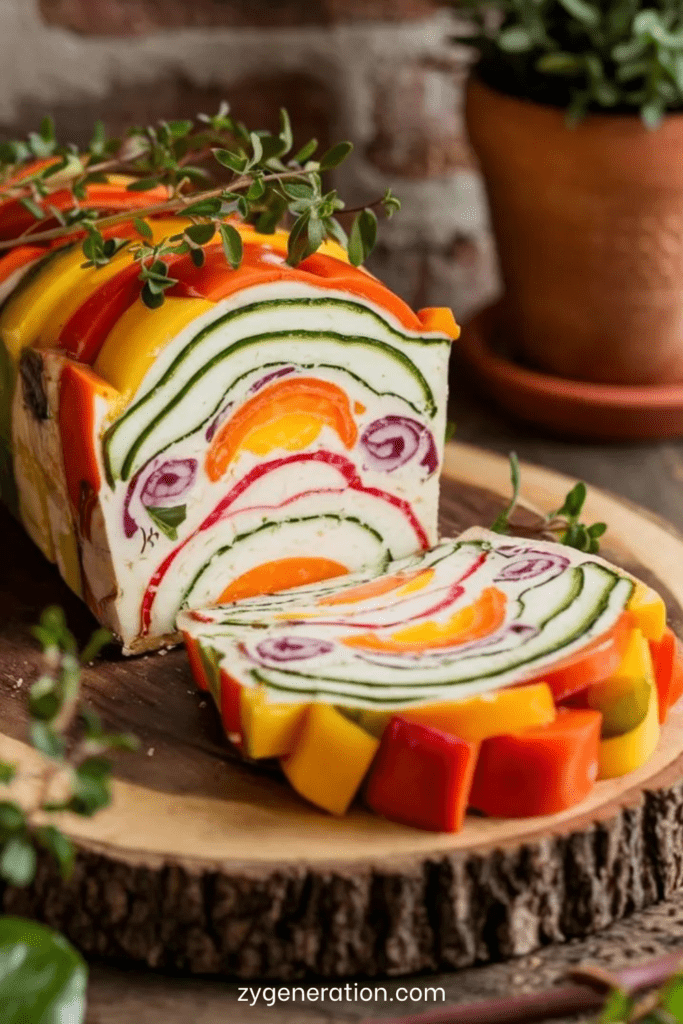 Terrine de légumes colorés au fromage frais, tranchée net, lamelles de courgette et poivrons visibles, servie en entrée avec herbes fraîches.