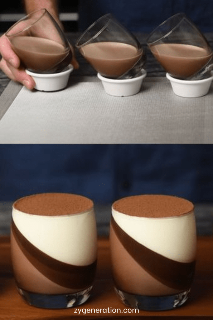 Verrines de panna cotta au chocolat noir, texture lisse et brillante, saupoudrées de cacao, servies bien froides avec effet incliné.