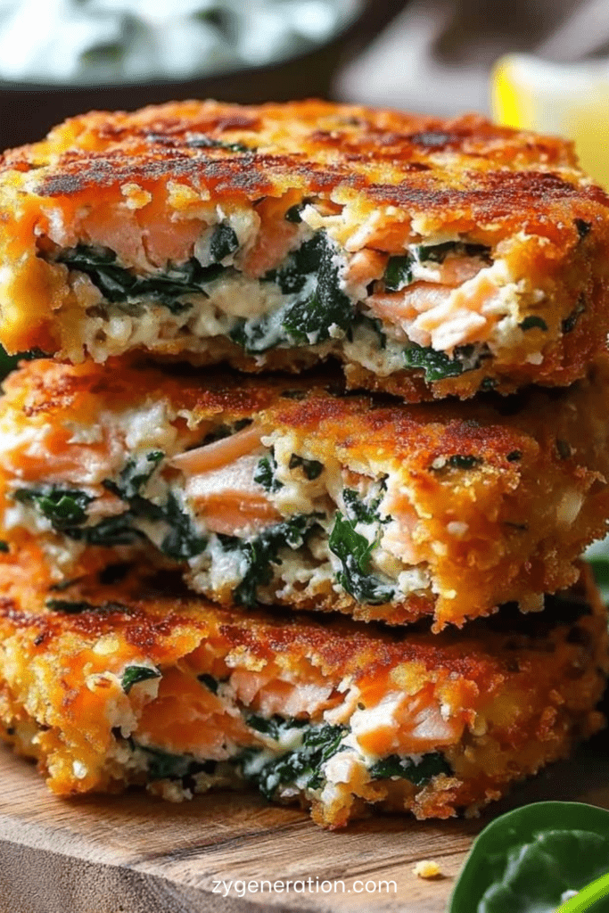 Galettes de saumon croustillantes aux épinards, dorées à la poêle, servies avec citron et salade verte, texture moelleuse visible à la coupe.