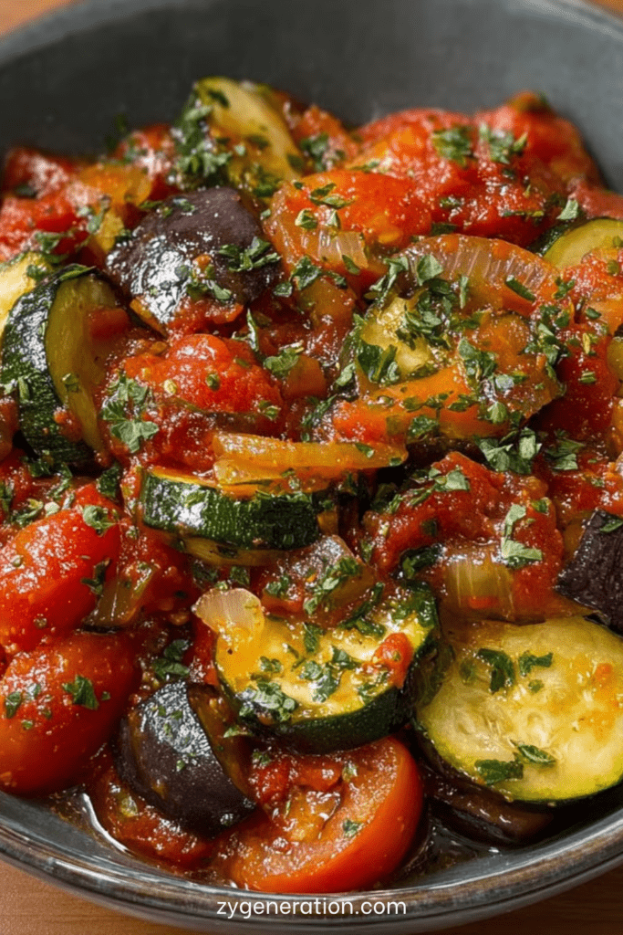 Ratatouille express à la sauce tomate avec courgettes, aubergines et tomates mijotées, servie chaude avec des herbes fraîches.