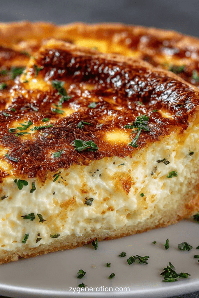 Quiche soufflée au fromage dorée et gonflée avec une texture aérienne et moelleuse, servie en parts sur une assiette.