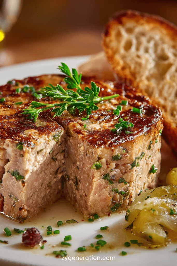 Pâté de campagne à l’ancienne tranché avec texture fondante, croûte dorée et herbes visibles, servi sur une planche rustique.